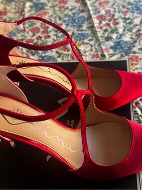 Nina Red Satin T-Strap Pointed-Toe Heels